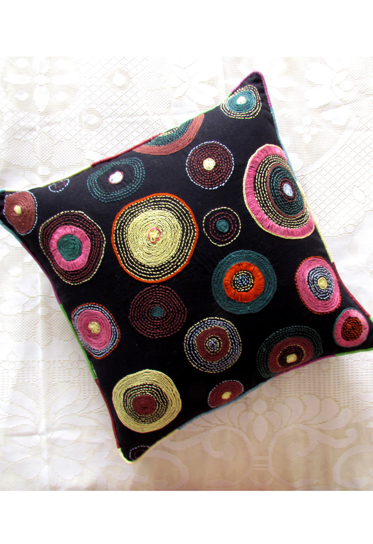 Black Hand Embroidered Cushion Covers Pair